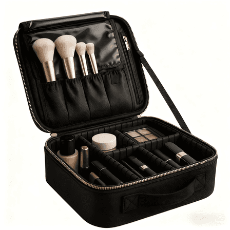 LSFA Black Waterproof Travel Makeup Storage Bag with Adjustable Compartments