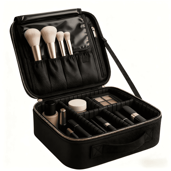 LSFA Black Waterproof Travel Makeup Storage Bag with Adjustable Compartments