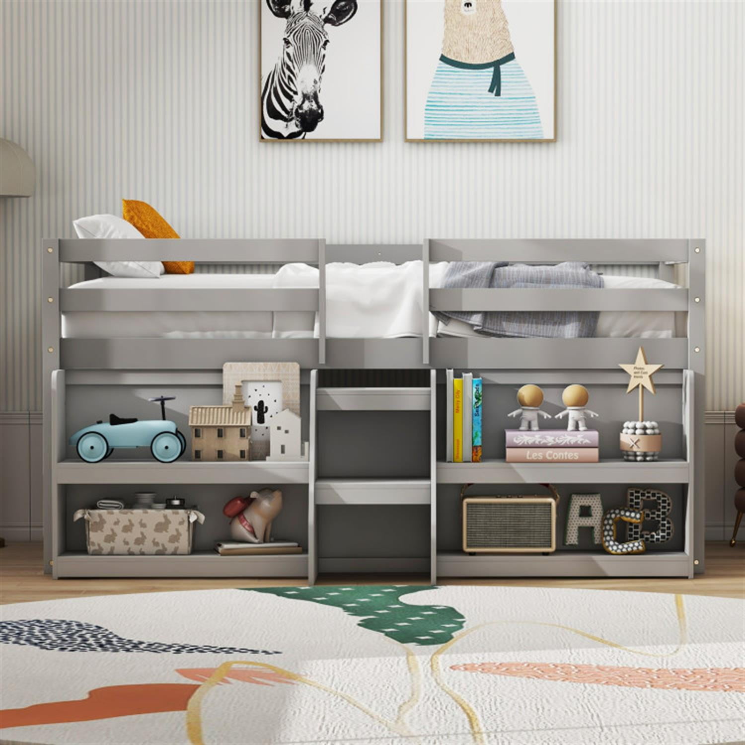 Demi Bonn Twin Size Loft Bed with LED Lights, Wooden Twin Low Loft Bunk Bed with Staircase and Safety Guardrail for Teens, Gray