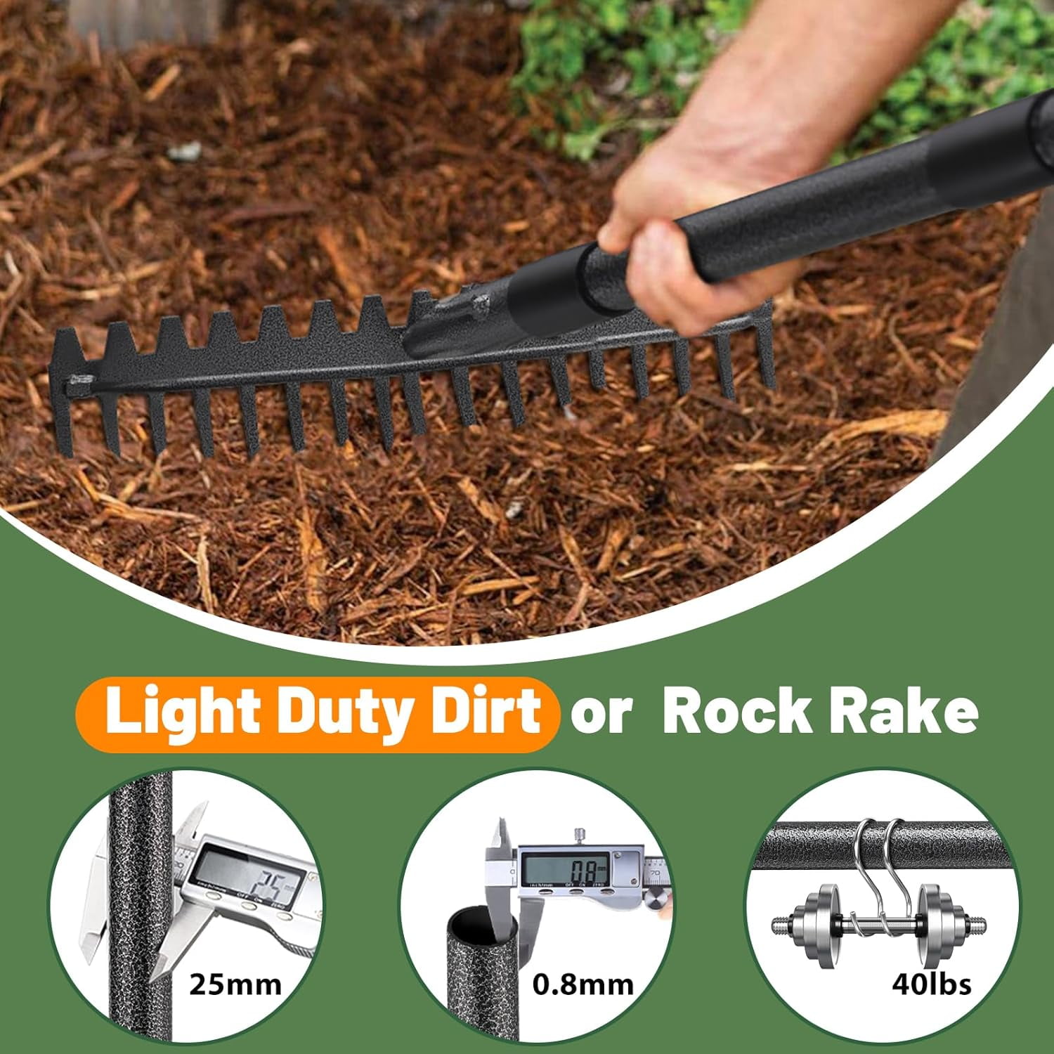 Garden Rake, 63 Inch Long Handle with 17 Tongs, Heavy Duty Metal Bow Rake for Loosening Leveling Soil, Leaf Raking Leaves Grass , Weeding, Yard Thatch Lawn Care Tool