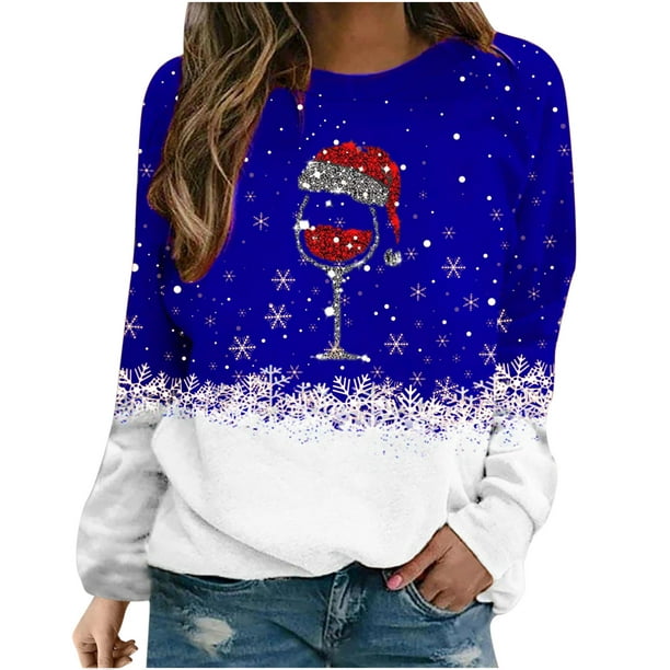 Womens Christmas Sweatshirt Red Wine Glass Graphic Blouses Xmas Loose Fit Tops Cute Long Sleeve Shirt Snow Tops christmas shirts for women Sudadera Navidad - Walmart.com