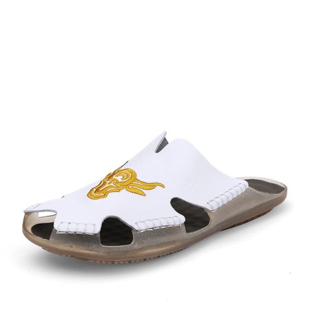

Unisex Genuine Leather Slides Casual Lightweight Slippers Men‘s Fashion Slip On Shoes Rubber Sole Closed Toe Sandals For Indoor Outdoor Beach