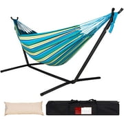 Lazy Daze Double Cotton Hammock with Space Saving Steel Stand Includes Portable Carrying Bag and Head Pillow Brazilian-Style Hammock for Indoor Outdoor Patio 450 lbs Capacity, Oasis Stripe
