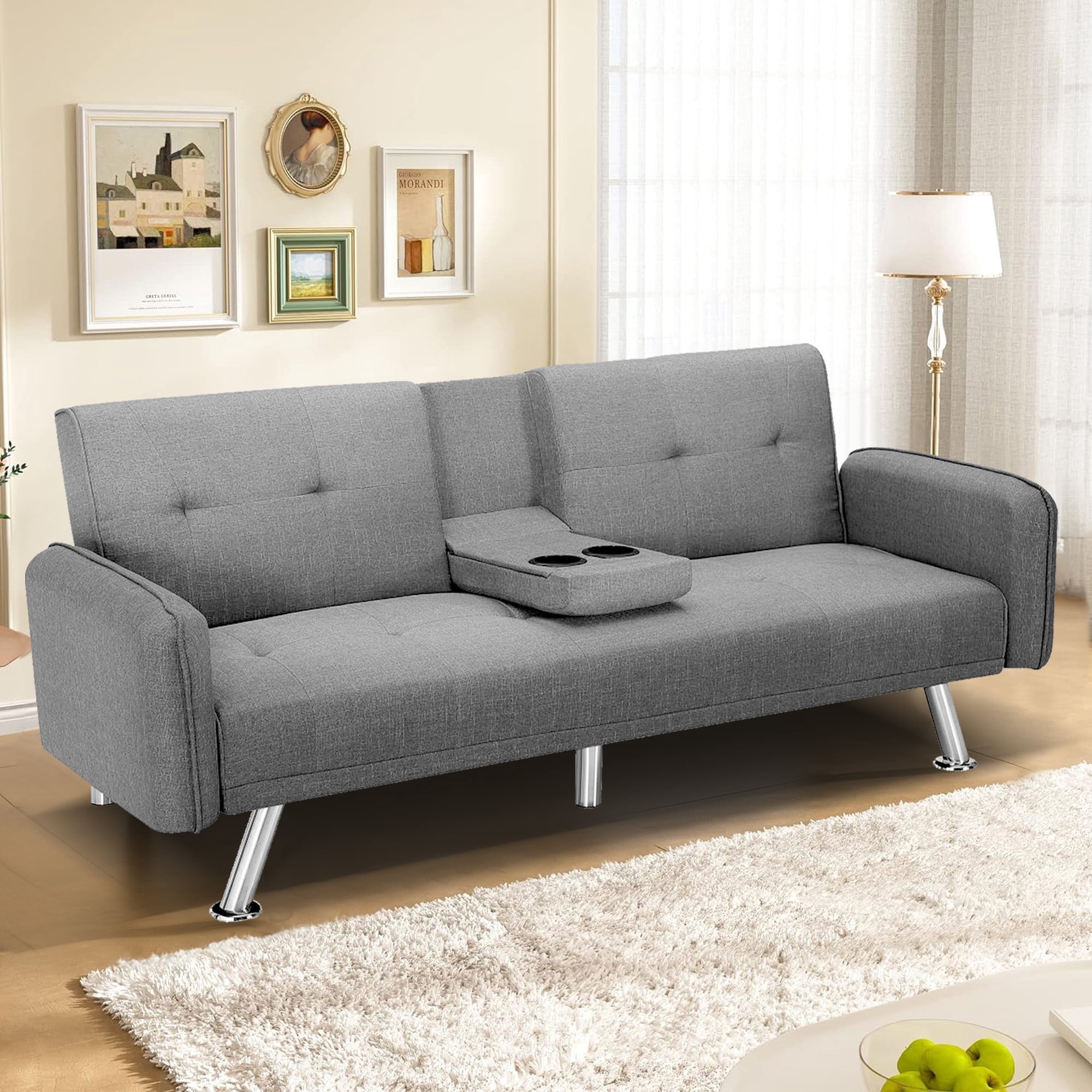 Aukfa 75" Square Arm Futon Convertible Sofa Bed for Home Office, 2 Cup Holders, Linen, Gray