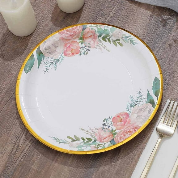 Efavormart 25 Pack | 9" White Elegant Floral Design Gold Rim Paper Dessert Plates, Disposable Salad Appetizer Plates