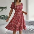 thumbnail image 4 of cocolona Womens Summer Boho Floral Print Dress Square Neck Short Sleeve Waist Frill Ruffle Flowy Sun Dress Casual Beach Midi Dress, 4 of 4