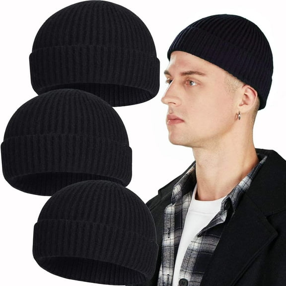3Pcs Short Fisherman Beanie Hat for Men Women, Wool Knit Cuff Winter Warm Hats