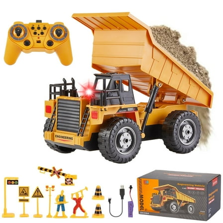 Zacro Remote Control Dump Truck,  2.4G RC Construction Vehicles Toy with Metal Bed Lights/Sounds, 11 Channel Electric Truck Toy Gift for Boys Kids
