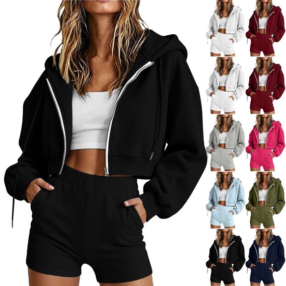Zip Up Hoodie Set For Women Solid Color Sweatshirt Sports Set Zip Hooded Long Sleeve Top With Pockets & Shorts For Fall Winter Spring Fashion Sweatshirts Outfits