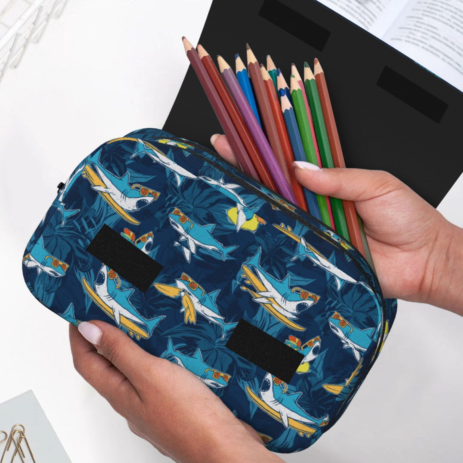 Rateoe Cartoon Surfer Sharks Pattern Double Clamshell Pen Case, Storage Organizer with Two Zipper Compartments– Holds Up to 50 Pencils & Pens