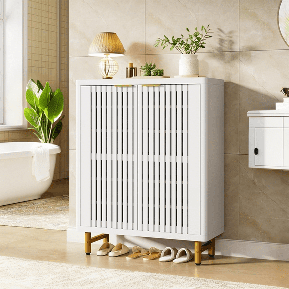 Tribesigns 6-Tier Bathroom Floor Cabinet, Wooden Bathroom Storage Cabinet, Large Sideboard Cabient for Bathroom/Kitchen/Living Room (White & Gold)