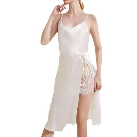 Defitshape Women s Silk Nightgown Summer Chemise Knotted Lace Satin Pajama Dress Drape Neck Backless High Slit Knee Length Sleep Dress Spaghetti Straps Lingerie Flounce Flowy White Large