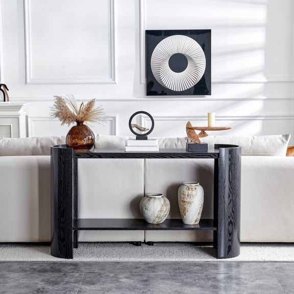 Alvantor Console Table with Double-laye Matte Black Wood Grain Console Entryway Sofa Side Table, 53" x 13.8"