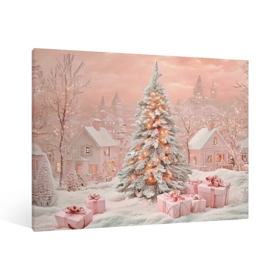 Vintage Christmas Pink Christmas decoration scene Wall Art Paint - Retro Xmas Festive Winter Holiday Christmas Wall Decor Canvas for Living Room Kitchen Bathroom Home Bedroom Decor Framed