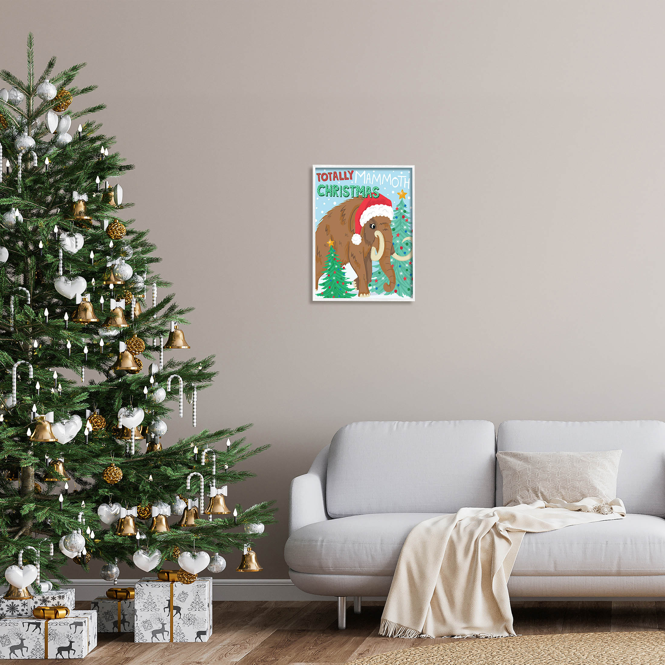 Totally Mammoth Christmas Scene Holiday Graphic Art White Framed Art Print Wall Art