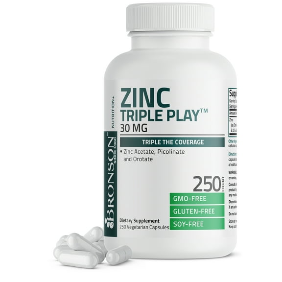 Bronson Zinc Triple Play 30 mg - Triple The Coverage Zinc Acetate, Picolinate & Orotate, 250 Vegetarian Capsules