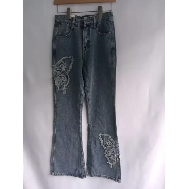Pantalones vaqueros rectos americanos de cintura alta y pierna ancha para mujer, pantalón vaquero con bordado de mariposa, con cremallera, hasta el tobillo, Y2k, Vintage