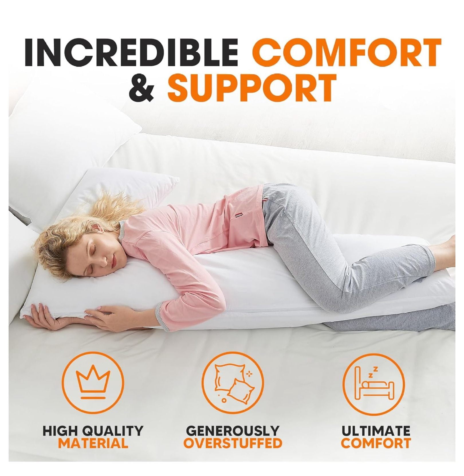 L Shaped Body Pillow - Down Full Body Pillow for Side , Pregnancy, Neck and Shoulder Support - Zippered Cover