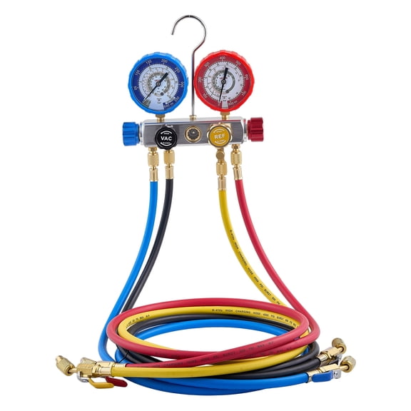 VEVOR AC Manifold Gauge Set for R22 R404A R410A R12 Refrigerants, 4 Way AC Gauges with 5 ft Hoses for Automotive & Household Air Conditioning Maintenance, Evacuation Vacuuming Charging and Recovery