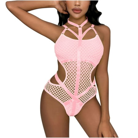 

RQYYD Halter Strappy Fishnet Bodysuit Lingerie for Women for Hollow Out Mesh Teddy Babydoll Sleepwear (Pink L)