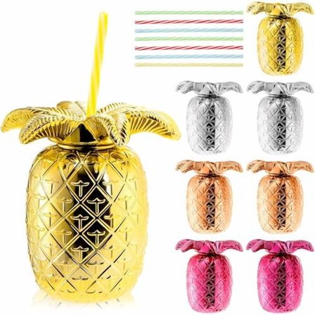 8 Pack Pineapple Cups for Hawaiian Luau Party, Plastic Pineapple Drink Cups with Lids and Straws, 25oz Hawaiian Cup Supply for Summer Party, Tropical Fruit Themed Beach