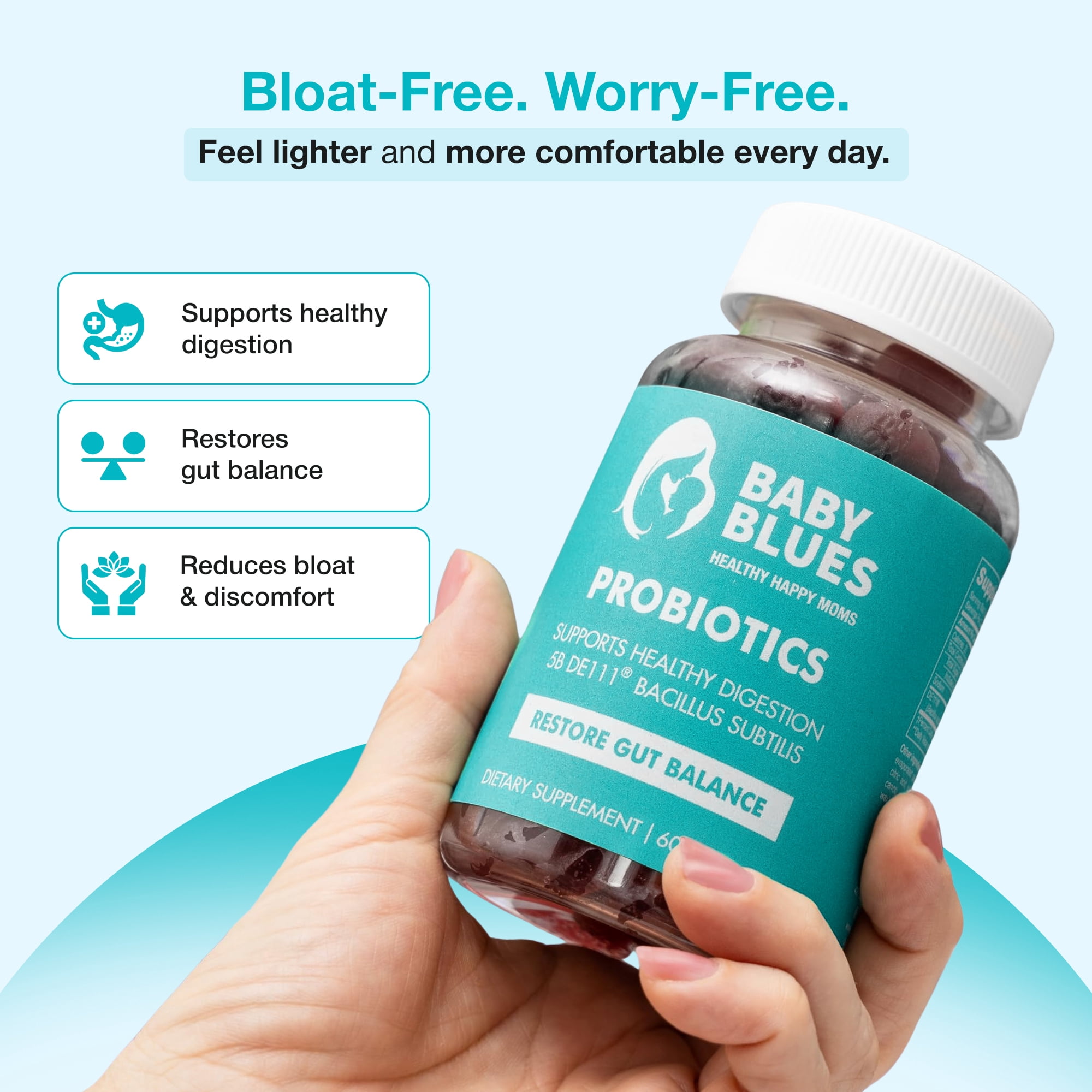 Baby Blues Probiotic Gummies for Women, Daily Gut Health with DE111 and Prebiotic Fiber, 60 Count
