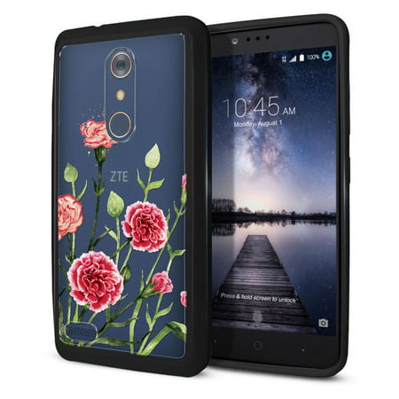 FINCIBO Slim TPU Bumper + Clear Hard Back Cover for ZTE Zmax Pro Carry Z981, Carnations