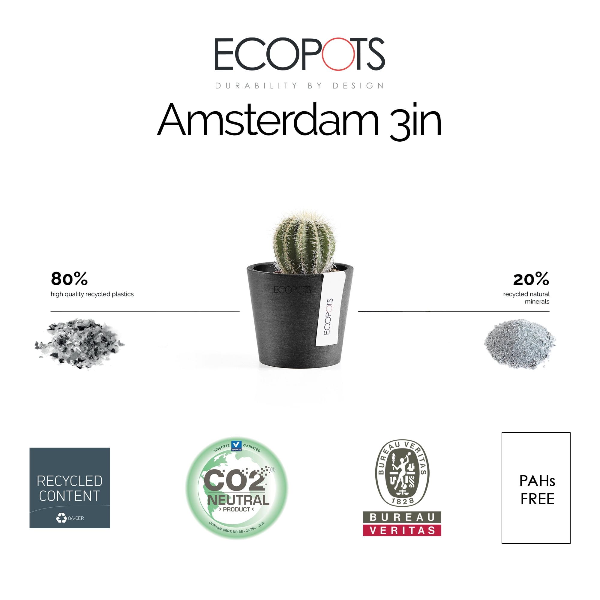 EcoPots Planter Amsterdam Modern Flower Pot, Round Plastic Indoor/Outdoor Recycled 3\