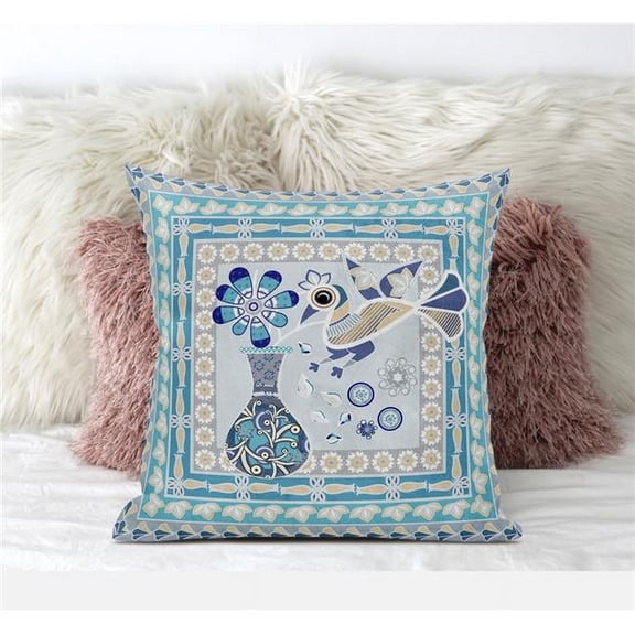 Love Your Vase Peacock Throw Pillow with Removable Cover in Aqua Blue Muted Gold 20x20