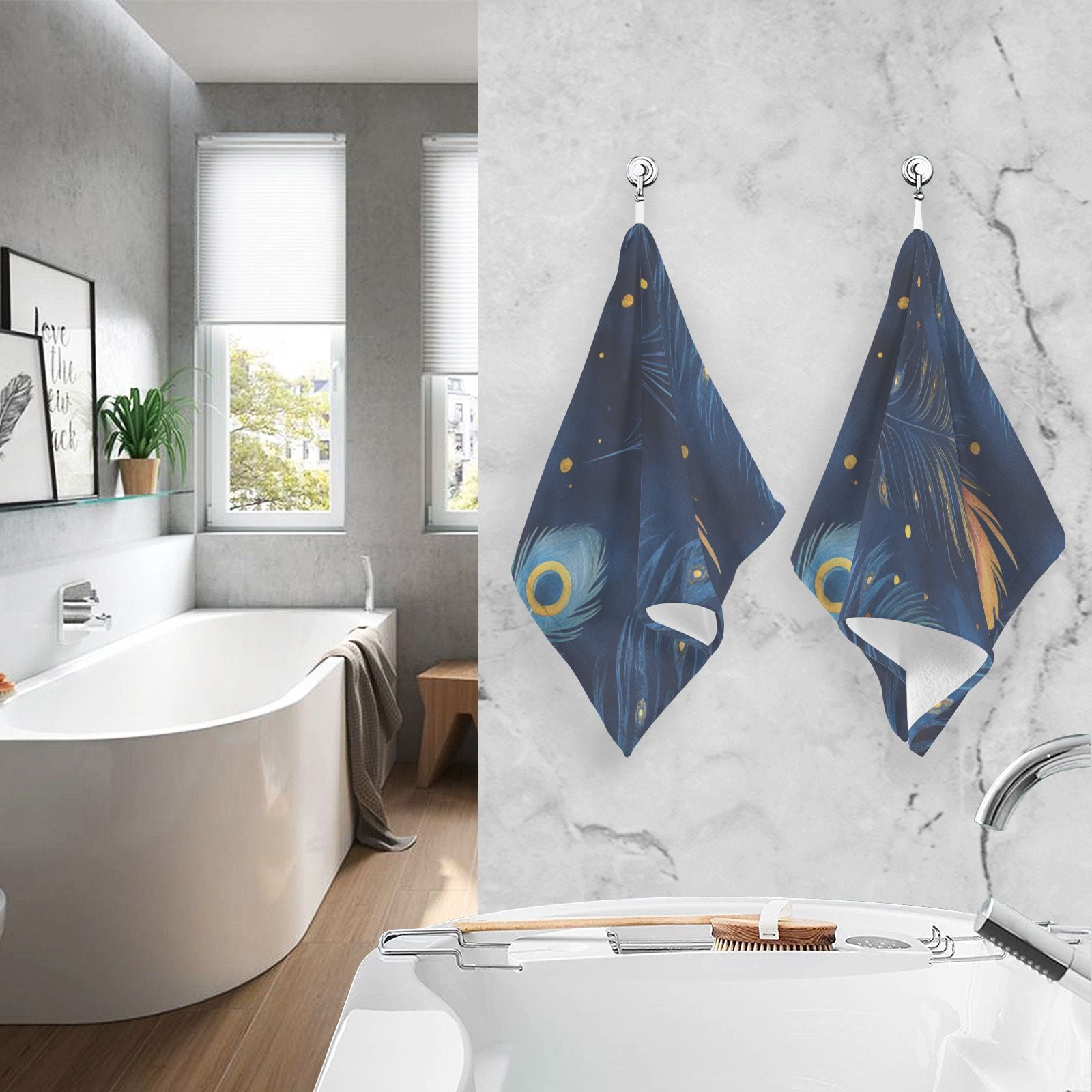 Peacock Feather Blue Hand Towels Cotton Bath Towels Large Face Towels Absorbent for Bathroom 2 Packs