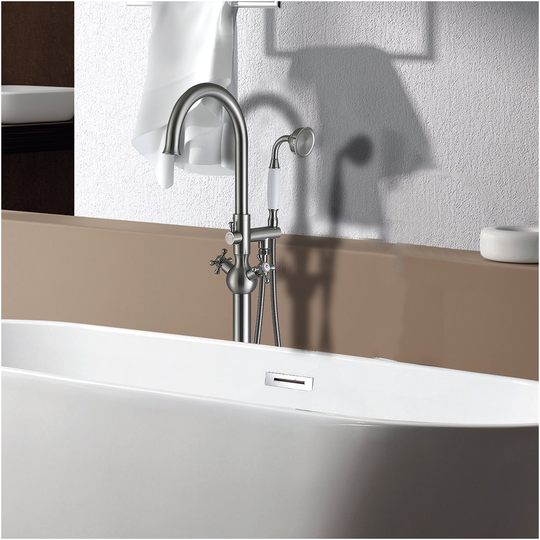 JERFIT Brushed Nickel Freestanding Tub Filler with Hand Shower, Modern 3.9 GPM Bathroom Faucet for Bathtub, Durable Metal Construction
