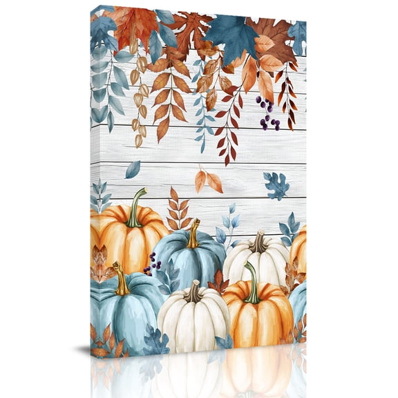 Harvest Pumpkin Canvas Wall Art for Living Room, Fall Thanksgiving Orange Blue Eucalyptus Leaves Wood Poster Print Painting for Bedroom Office Home Decoration Wall Pictures Prepare To Hang 10"x10"