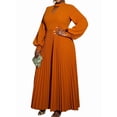 thumbnail image 3 of Women'S Elegant Pleated Maxi Dress with Puff Sleeves and Stand Collar for Various Occasions Orange M, 3 of 9