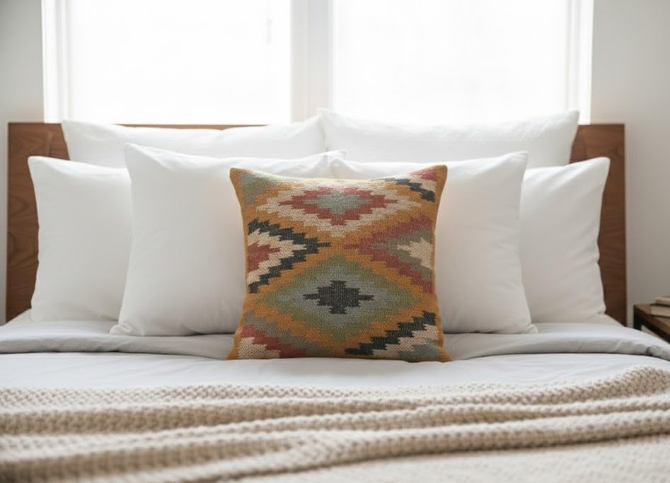 NATURAL FURNISH Handwoven Wool Jute Kilim Cushion Cover | Traditional Southwestern Geometric Decorative Throw Pillow Case | Handmade Kilim Pillow Cover for Sofa, Bed and Living Room (Beige, 2 PCS)