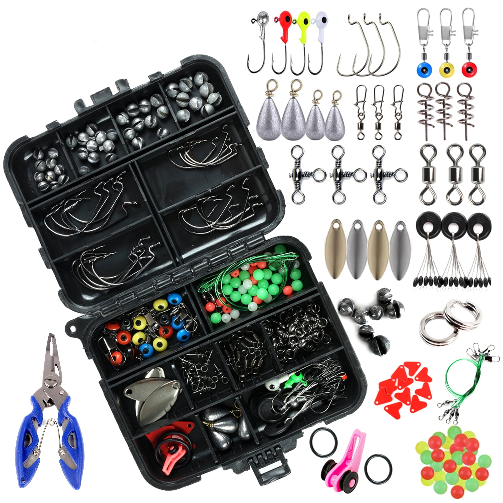 Gecheer 188pcs Fishing Accessories Kit with Tackle Box Pliers Jig Hooks  Swivels Snaps Sliders Beads 