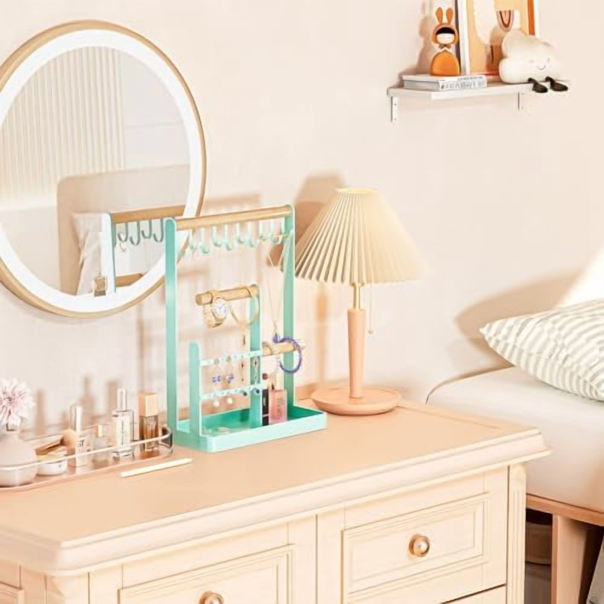 Jewelry Stand Holder Organizer, 4-Tier Necklace Holder with Ring Tray, 10 Hooks Necklaces Hanging Small Jewelry Display Storage Tower Tree for Bracelets Earrings Watches -Medium, Aqua