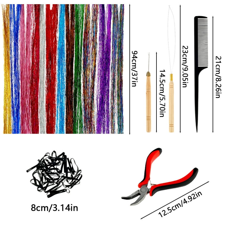 Civg 12 Colors Hair Tinsel Kit with Tool 47 inch Glitter Hair Extension Strands Kit Silicone Link Rings Beads Dazzle Colour Straight Hair Extensions