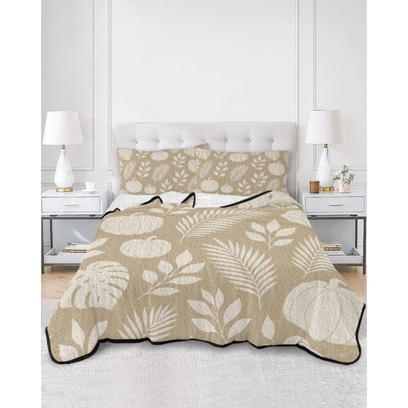 Quilts King Size, Beige Pumpkins Fall Soft Comforter Bedding Set for Bed, Thanksgiving Tropical Palm Rustic Lightweight Quilted Bedspread with Pillow Cover(2 Pieces) for All Season, 96x106 Inch
