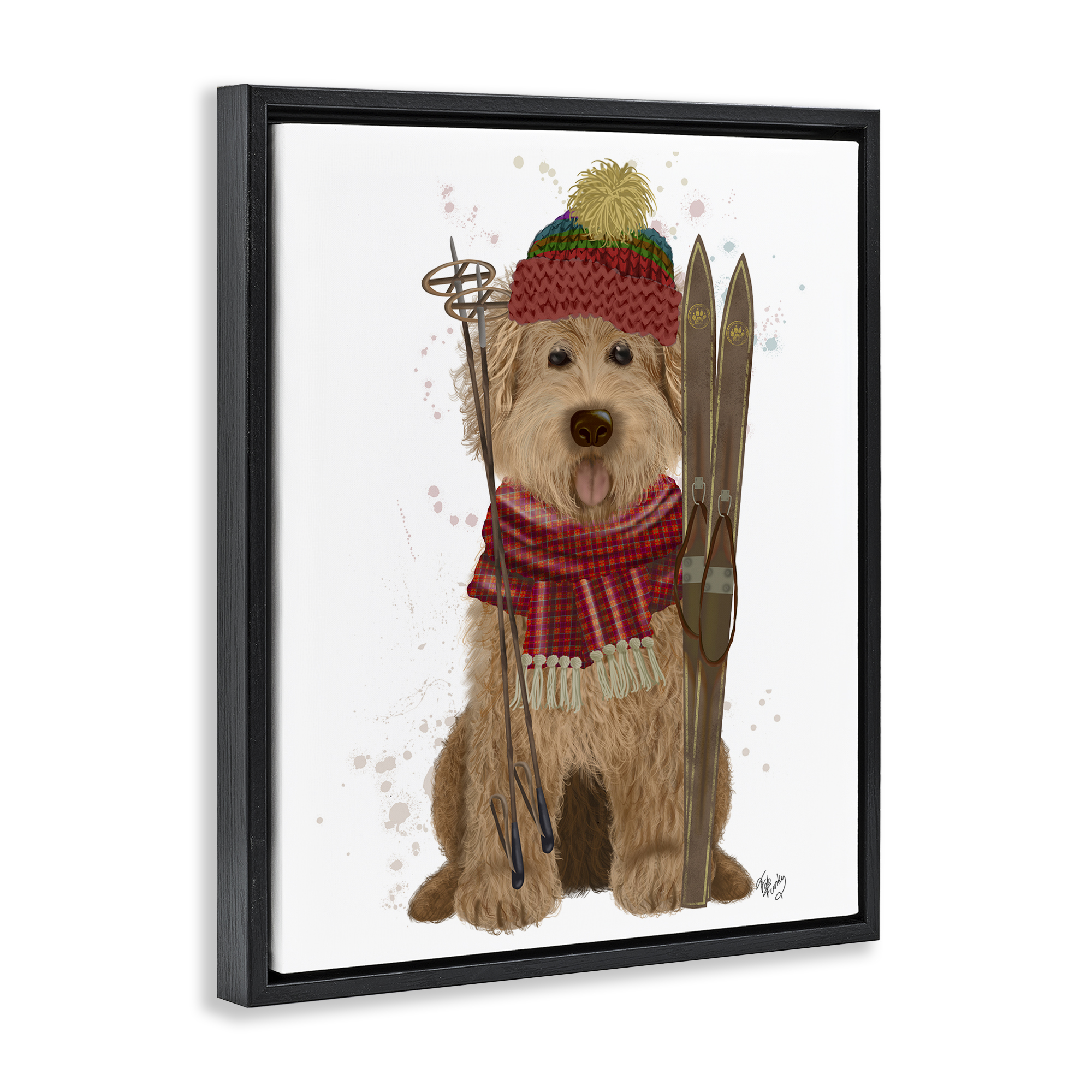 Stupell Industries Dog with Winter Skis Animals & Insects Painting Black Floater Framed Canvas Art Prints Wall Art, 25 x 31