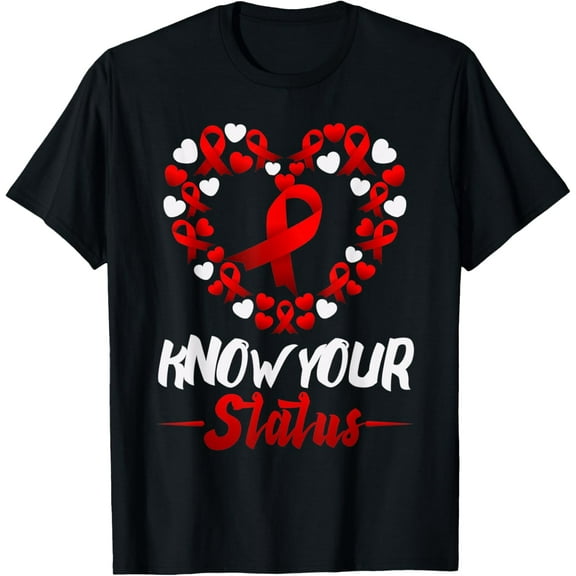 t-shirt Know Your Status Red Ribbon HIV AIDS Awareness Support Month T-Shirt mens,black,women,funny,journey,Crew Neck, Short Sleeve,custom clothing patterns.gift