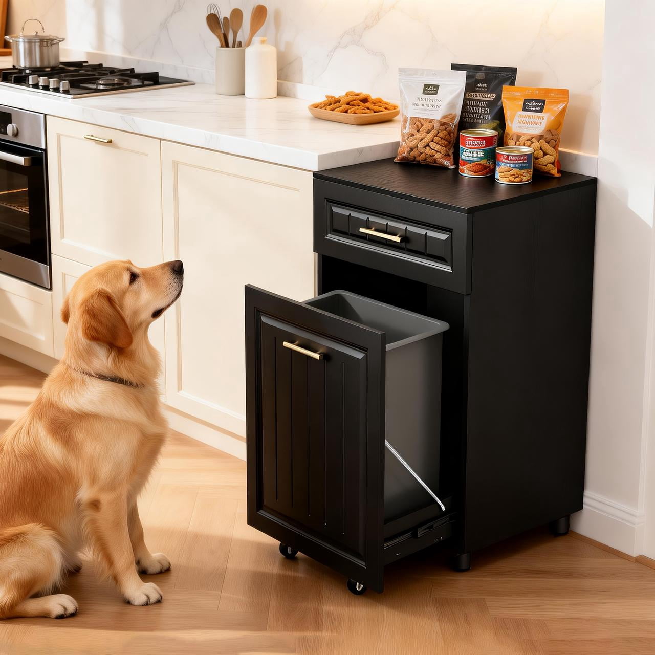 Pull Out Trash Can Cabinet for Double 7 Gallon or 13 Gallon Bin, Freestanding Kitchen Trash Bin Cabinet with Drawer, Pet Proof Hidden Garbage & Recycling Storage for Laundry & Living Room, Black