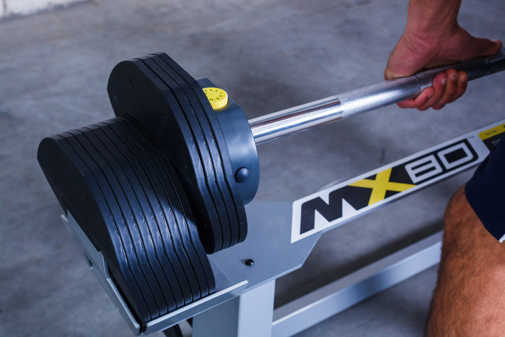 MX Select Selectorized / Adjustable Home Gym Barbell / MX-80LBS w/Sturdy Storage Base