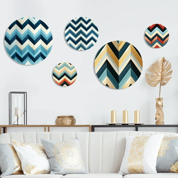 Designart "Serene Blue Chevron" Glam Metal Wall Art Set Of 5 - Blue Metal Art Print Set for Room