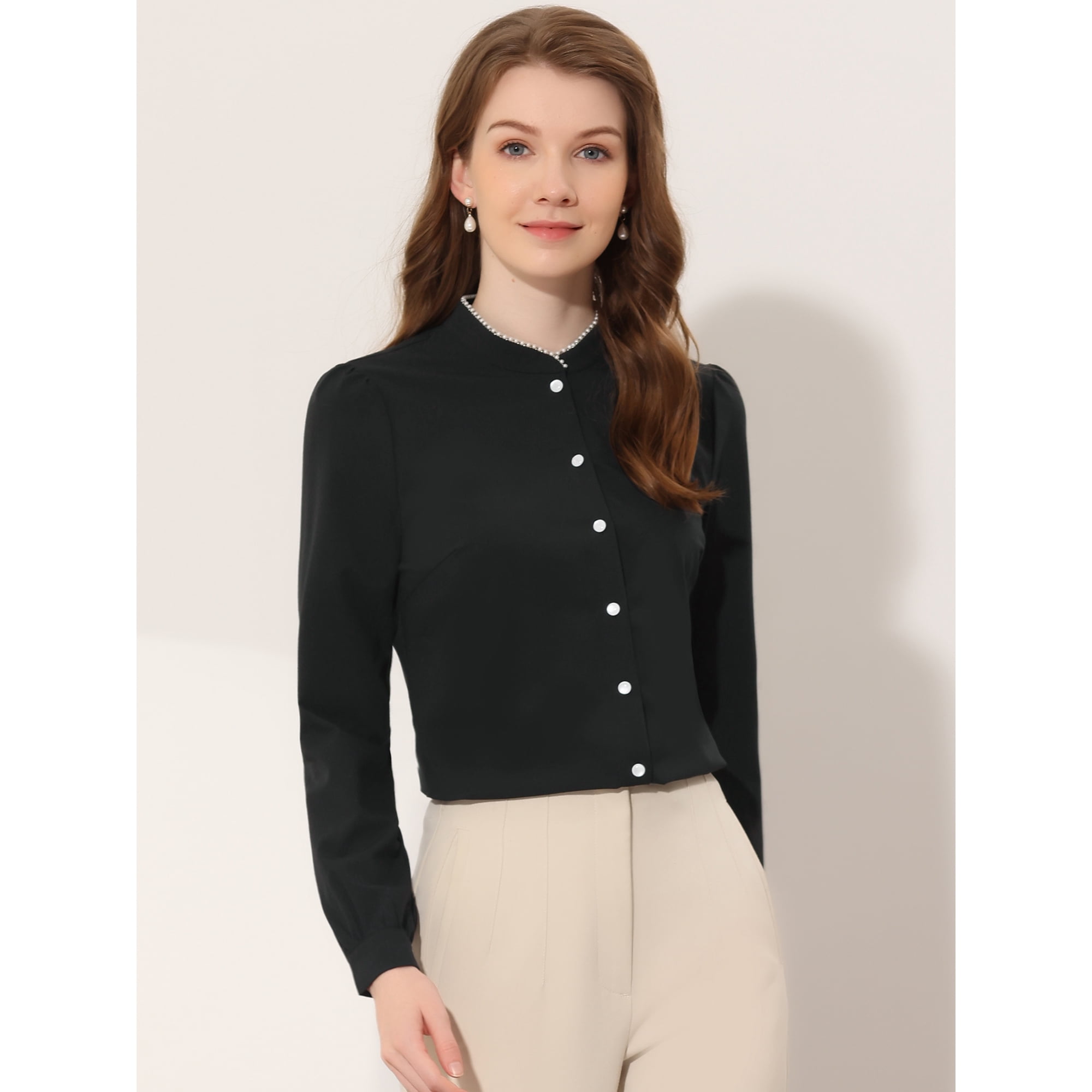 Women's Work Office Button Down Mock Neck Long Sleeve Shirt Blouse