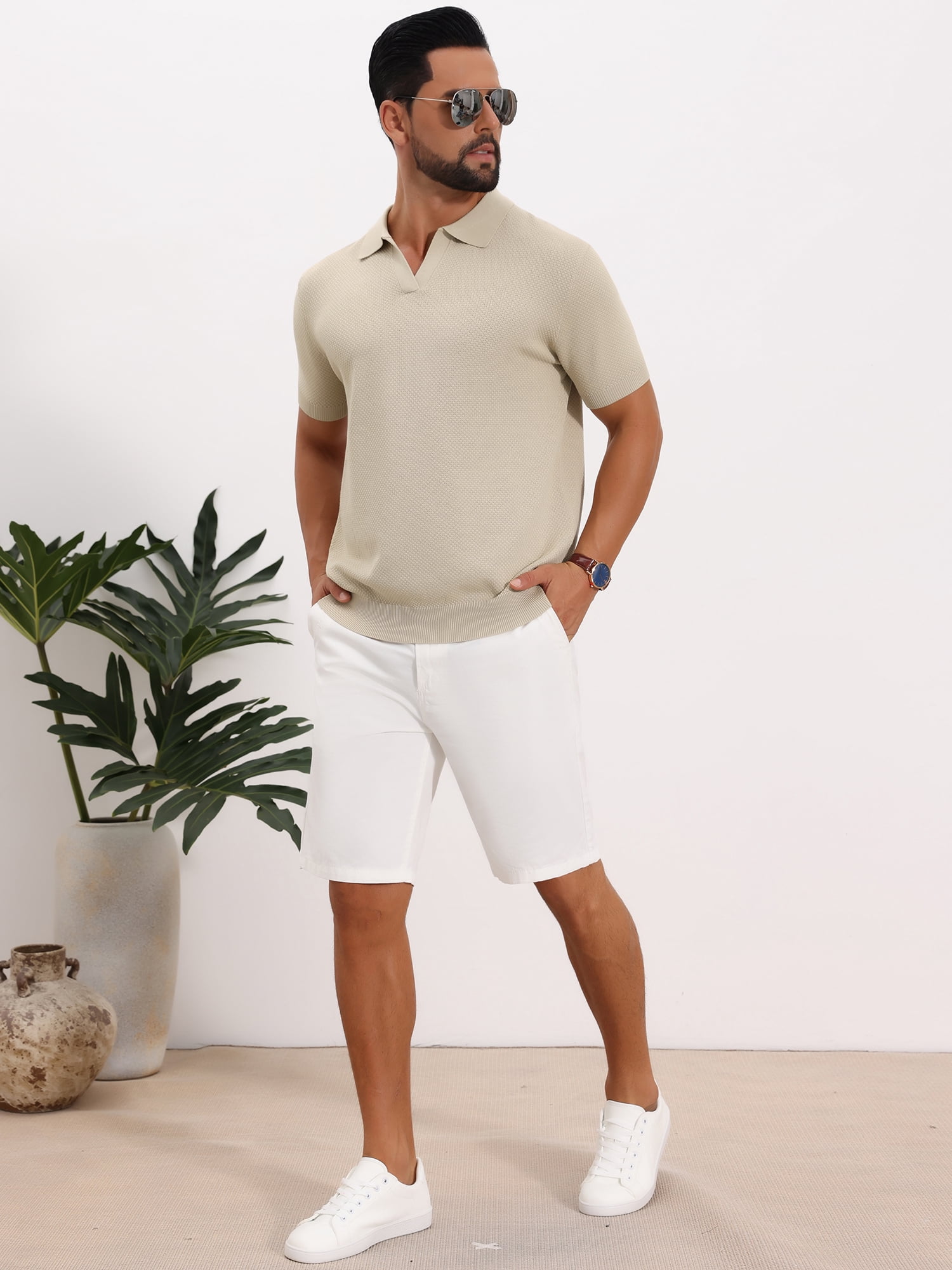 DARING DIVA Men's Textured Knit V Neck Short Sleeve Casual Golf Polo Shirt 2XL Beige