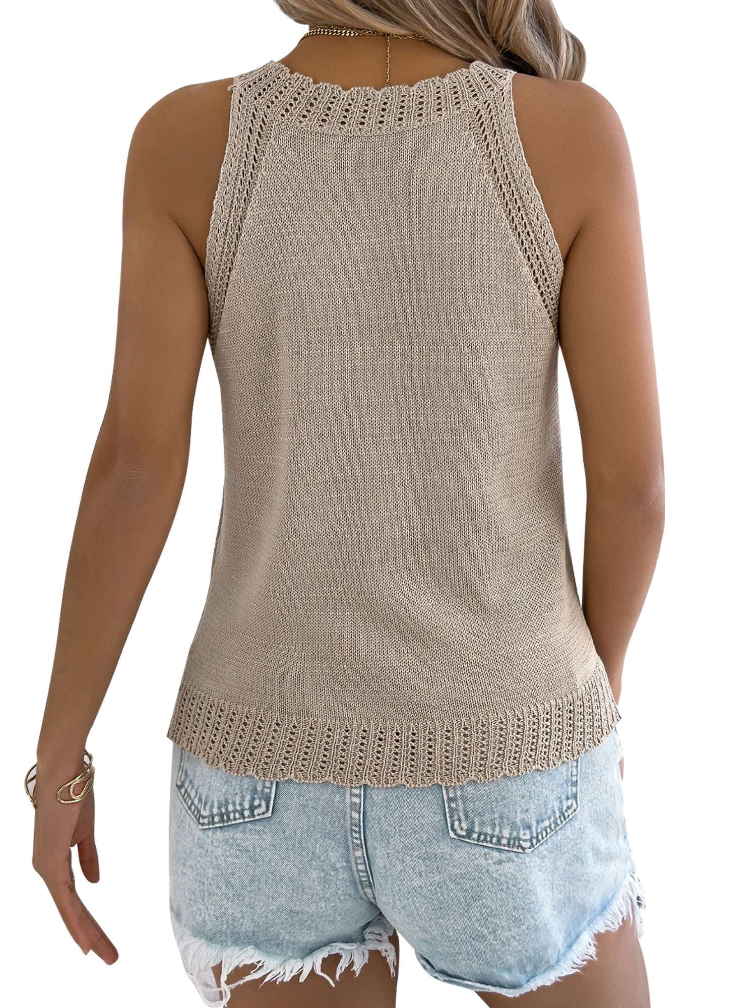 Deago Women's Summer Knit Halter Tank Tops Crochet Hollow Out Sleeveless Casual Racerback Cami Sweater Vest (Khaki, S)
