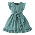 thumbnail image 2 of Tfken Toddler Girls Dress A-Line Bow Solid Color Daily Wear Trendy Army Green Crew Neck Flutter Sleeve Sleeve Kids Dresses Size 3 Years-4 Years, 2 of 9