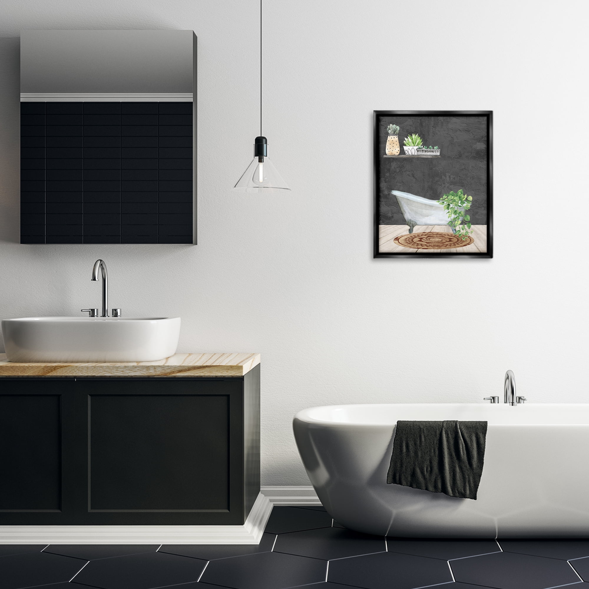 Stupell Industries Relaxing Greens Bathroom Bath & Laundry Painting Black Floater Framed Canvas Art Print Wall Art, 17 x 21