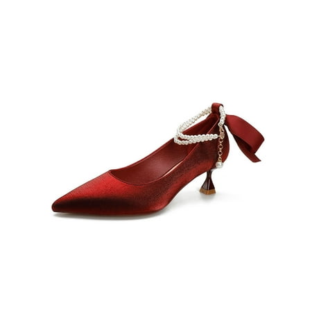 

Rotosw Women Stiletto Heels Bow Pumps Pointed Toe Dress Shoes Lightweight High Heel Mary Jane Party Pearls Wine Red 4