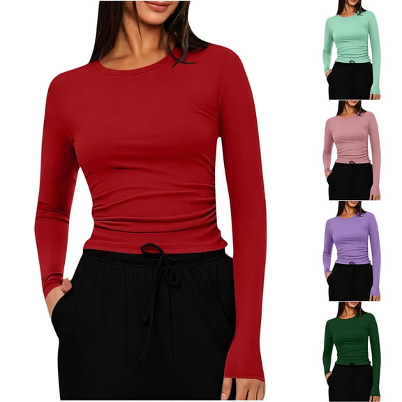 Asxite Women Fall Winter Tops Round Neck Long Sleeve Solid Slim Shirts